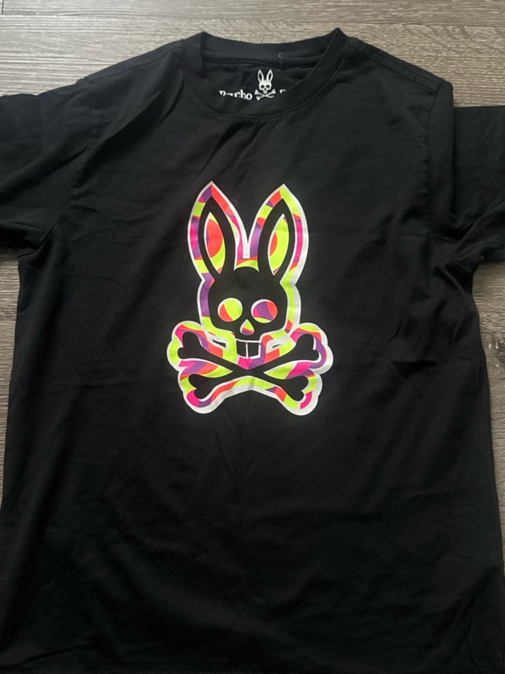 Psycho Bunny Black Tee with Neon Multicolor Bunny Skull